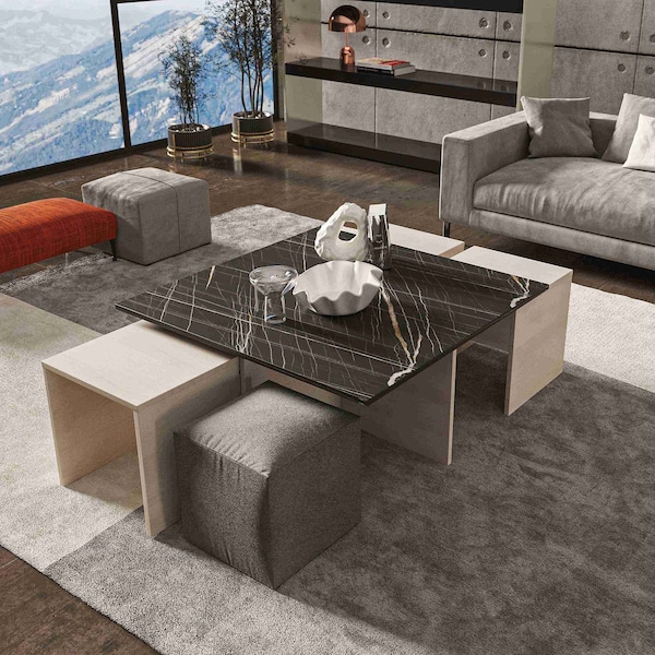 Manhattan Comfort Haley Nested Coffee Table & Ottoman Set in White & Black Marble  in White and Black Marble - CT013-WB