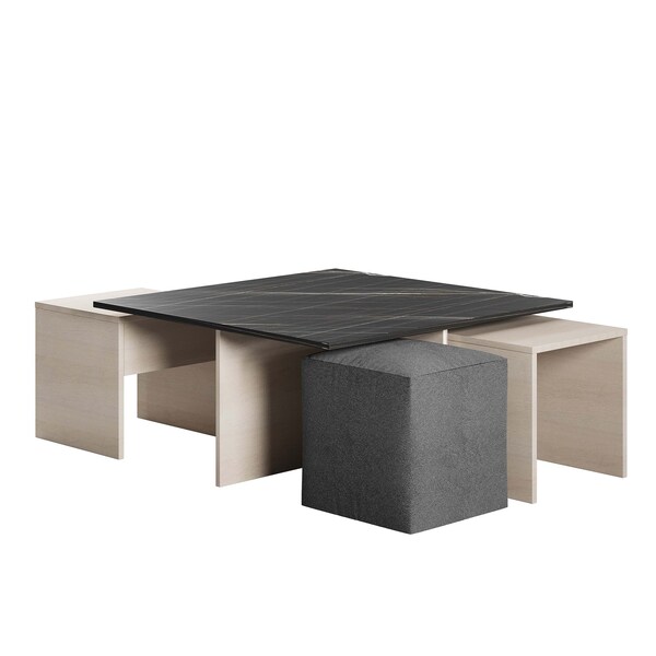 Manhattan Comfort Haley Nested Coffee Table & Ottoman Set in White & Black Marble  in White and Black Marble - CT013-WB