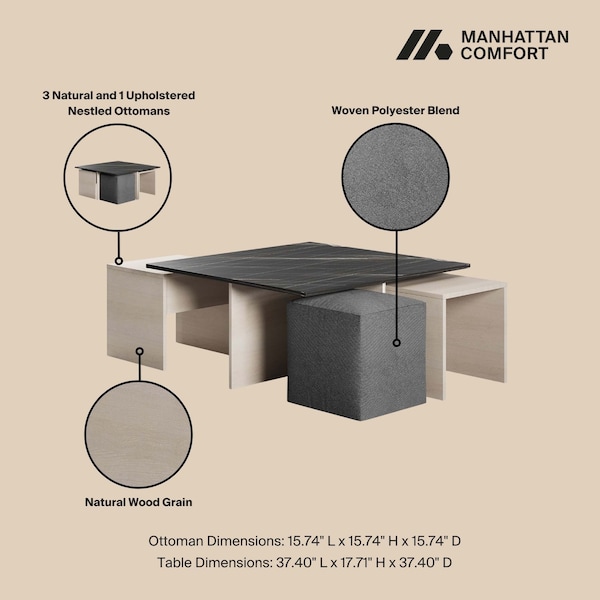 Manhattan Comfort Haley Nested Coffee Table & Ottoman Set in White & Black Marble  in White and Black Marble - CT013-WB