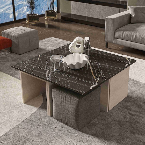 Manhattan Comfort Haley Nested Coffee Table & Ottoman Set in White & Black Marble  in White and Black Marble - CT013-WB