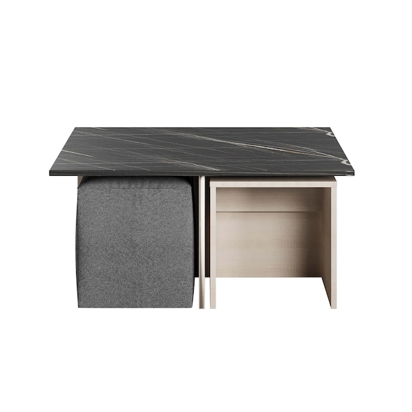 Manhattan Comfort Haley Nested Coffee Table & Ottoman Set in White & Black Marble  in White and Black Marble - CT013-WB