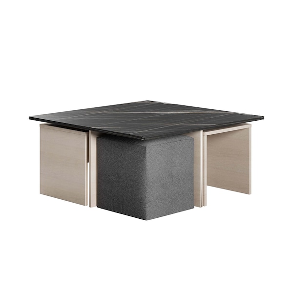 Manhattan Comfort Haley Nested Coffee Table & Ottoman Set in White & Black Marble  in White and Black Marble - CT013-WB