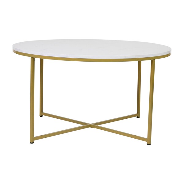 Flash Furniture Hampstead Collection Coffee Table - Modern White Marble Finish Accent Table with Crisscross Brushed Gold Frame - NAN-JH-1787CT-MRBL-GG
