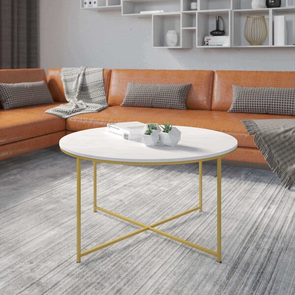 Flash Furniture Hampstead Collection Coffee Table - Modern White Marble Finish Accent Table with Crisscross Brushed Gold Frame - NAN-JH-1787CT-MRBL-GG