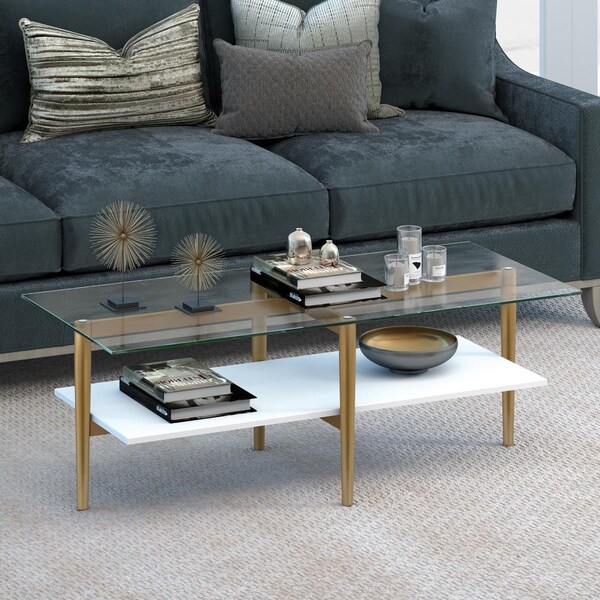 Henn & Hart Otto 47 in. Brass Finish Coffee Table with White Lacquer Shelf - CT0057