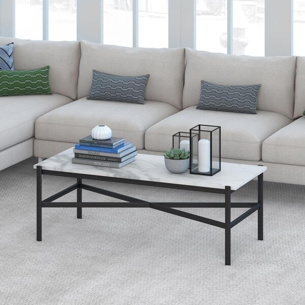 Henn & Hart Braxton Blackened Bronze Coffee Table with Faux Marble Top - CT0231
