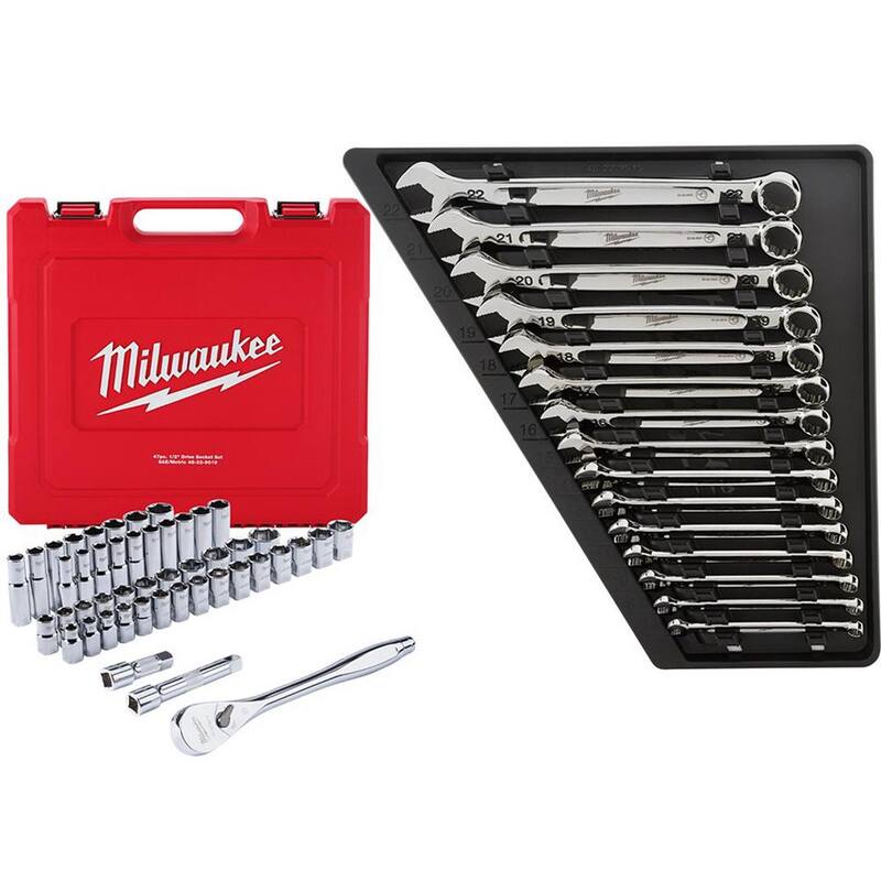 Set de llaves combinadas métricas de Milwaukee con trinquete y juego de enchufes SAE/Métricos de 1/2 pulgada (62 piezas) - 48-22-9515-48-22-9010
