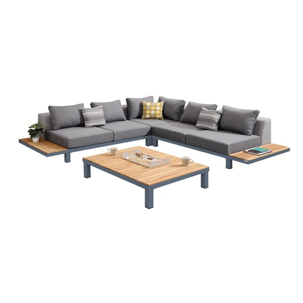 Armen Living Polo Aluminum and Teak Wood Outdoor Coffee Table in Gray - SETODPO4SEBOX4