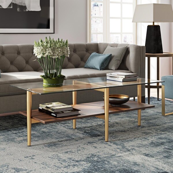 Henn & Hart Otto 47 in. Brass Finish Coffee Table with Walnut Shelf - CT0138
