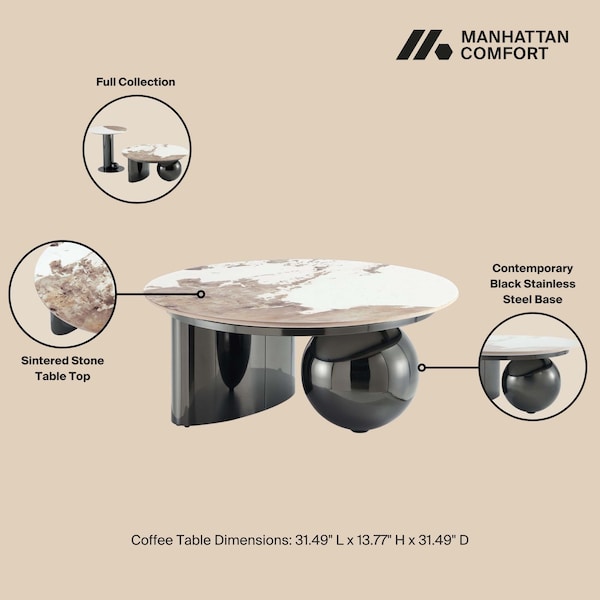Manhattan Comfort Laurel Coffee Table and End Table Set of 2 in Black - 2-CE1811