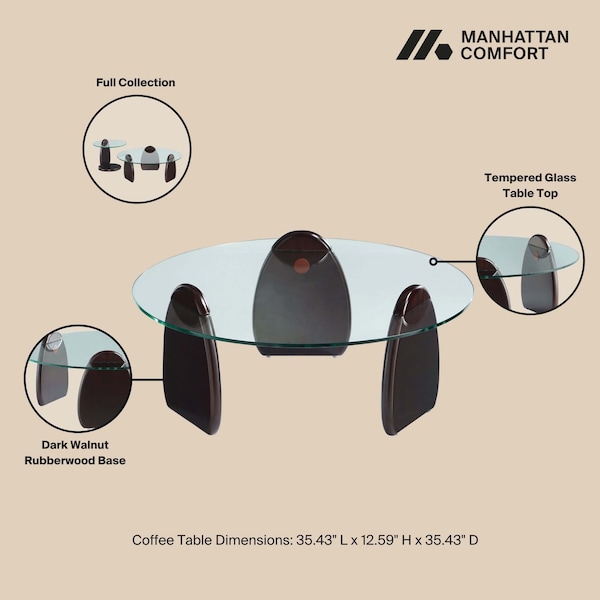 Manhattan Comfort Artesia  Coffee Table and End Table Set of 2 in Dark Walnut - 2-CE0158