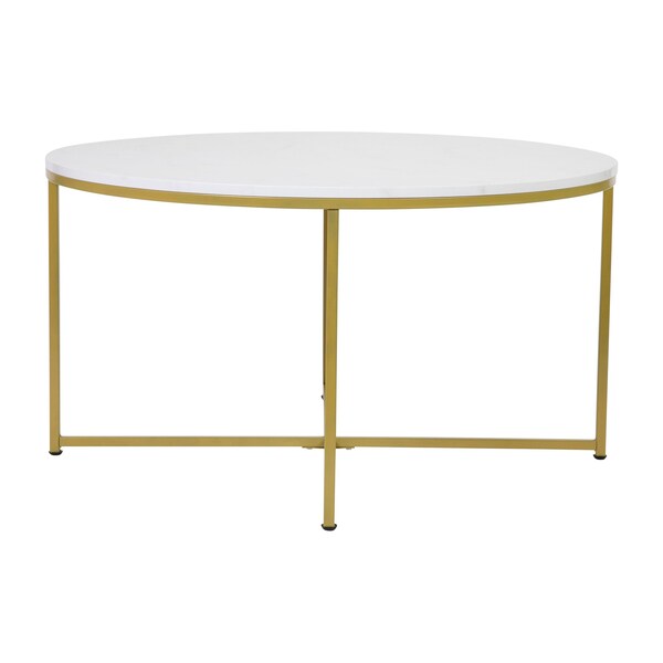 Flash Furniture Hampstead Collection Coffee and End Table Set - White Marbled Laminate Top & Brushed Gold Crisscross Frame, 3 Piece Table Set - NAN-CEK-1787-MRBL-GG