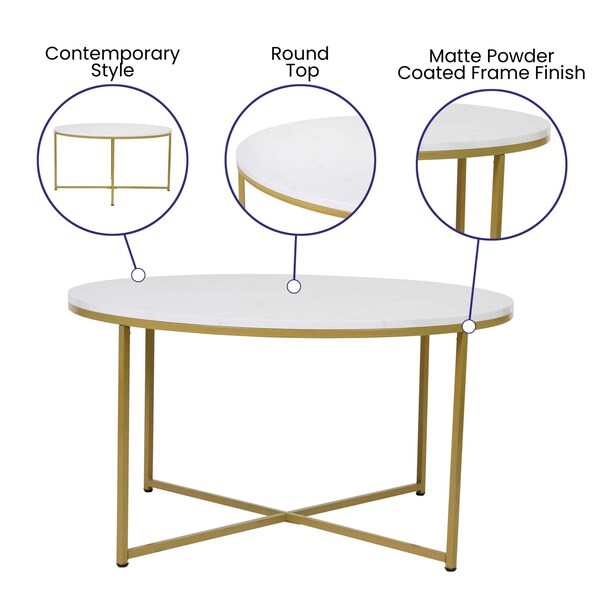 Flash Furniture Hampstead Collection Coffee and End Table Set - White Marbled Laminate Top & Brushed Gold Crisscross Frame, 3 Piece Table Set - NAN-CEK-1787-MRBL-GG