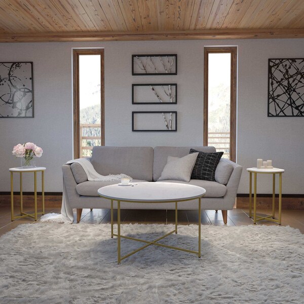 Flash Furniture Hampstead Collection Coffee and End Table Set - White Marbled Laminate Top & Brushed Gold Crisscross Frame, 3 Piece Table Set - NAN-CEK-1787-MRBL-GG