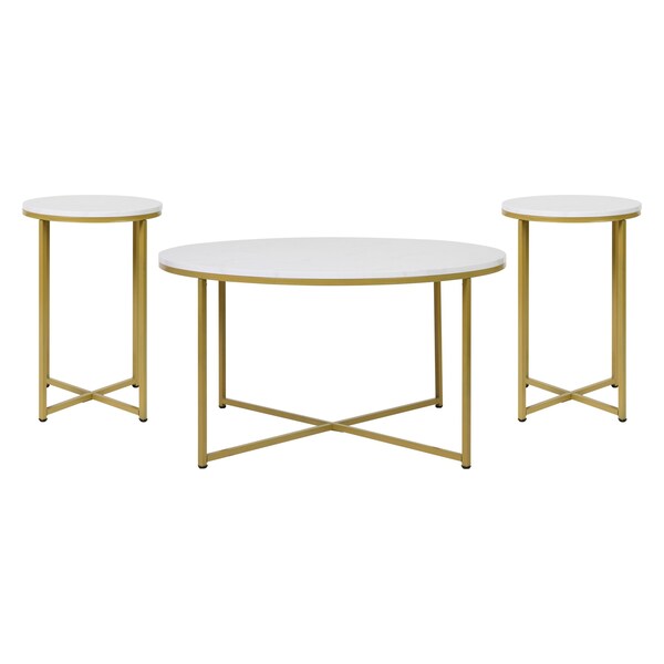 Flash Furniture Hampstead Collection Coffee and End Table Set - White Marbled Laminate Top & Brushed Gold Crisscross Frame, 3 Piece Table Set - NAN-CEK-1787-MRBL-GG