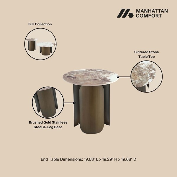 Manhattan Comfort Monica Coffee Table and End Table Set of 2 in Gold - 2-CE0169