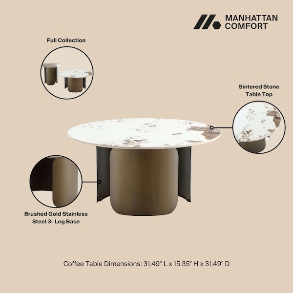 Manhattan Comfort Monica Coffee Table and End Table Set of 2 in Gold - 2-CE0169