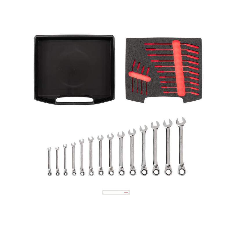 Juego de llaves de trinquete de combinación de 12 puntas reversibles TEKTON con cajón superior abierto y rack, 14 piezas (6-19 mm) - OLB94204