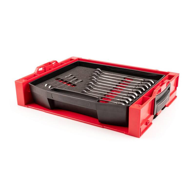 Juego de llaves de trinquete de combinación de 12 puntas reversibles TEKTON con cajón superior abierto y rack, 14 piezas (6-19 mm) - OLB94204