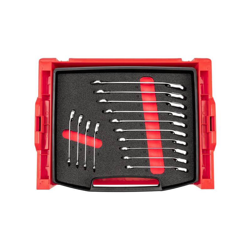 Juego de llaves de trinquete de combinación de 12 puntas reversibles TEKTON con cajón superior abierto y rack, 14 piezas (6-19 mm) - OLB94204