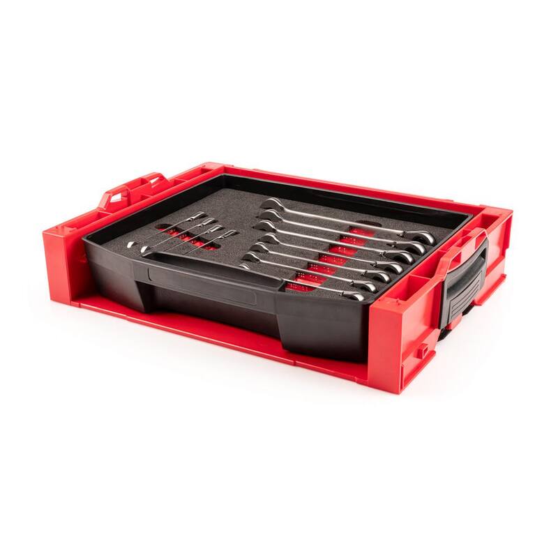 Juego de Llaves Combinadas de Trinquete de 12 Puntos Reversible TEKTON con Cajón Superior Abierto y Soporte, 11 Piezas (1/4-3/4 pulg.) - OLB94203