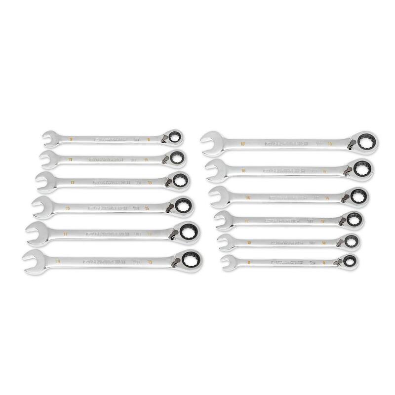 Juego de llaves de trinquete reversible de 12 puntos y 90 dientes métricas GEARWRENCH con estuche de herramientas (12 piezas) - 86628