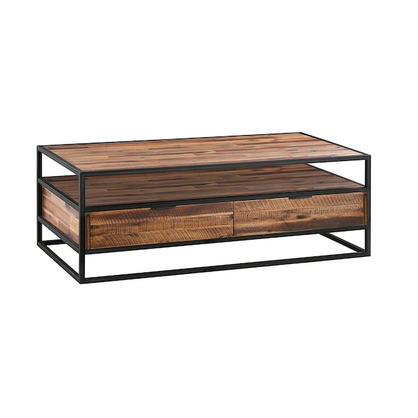Armen Living Ludgate Rectangle Coffee Table with Shelf in Acacia and Black Metal - LCLDCORU