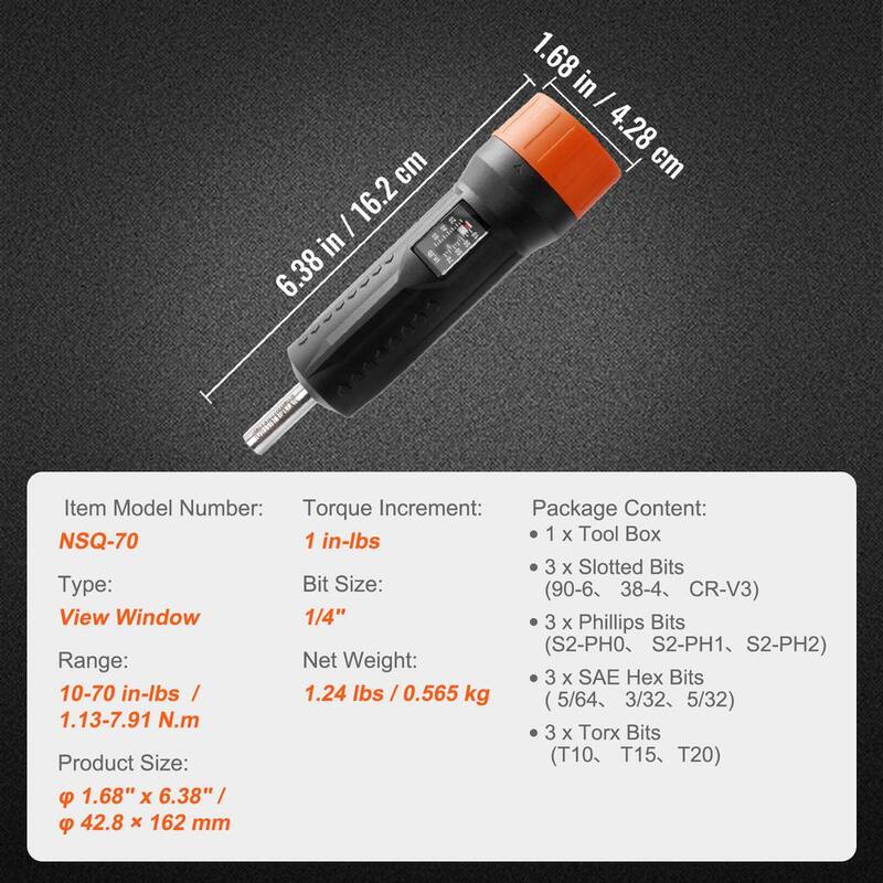Juego de destornillador de torque de ¼ de pulgada: 10-70 in-lbs. Rango de ajuste de torque: 1 in-lb. Incremento de torque de destornillador.