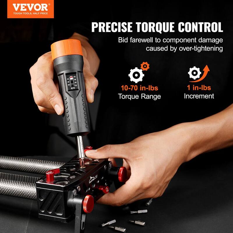 Juego de destornillador de torque de ¼ de pulgada: 10-70 in-lbs. Rango de ajuste de torque: 1 in-lb. Incremento de torque de destornillador.