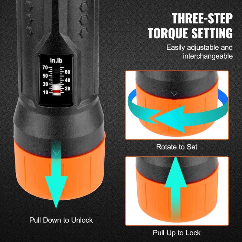 Juego de destornillador de torque de ¼ de pulgada: 10-70 in-lbs. Rango de ajuste de torque: 1 in-lb. Incremento de torque de destornillador.