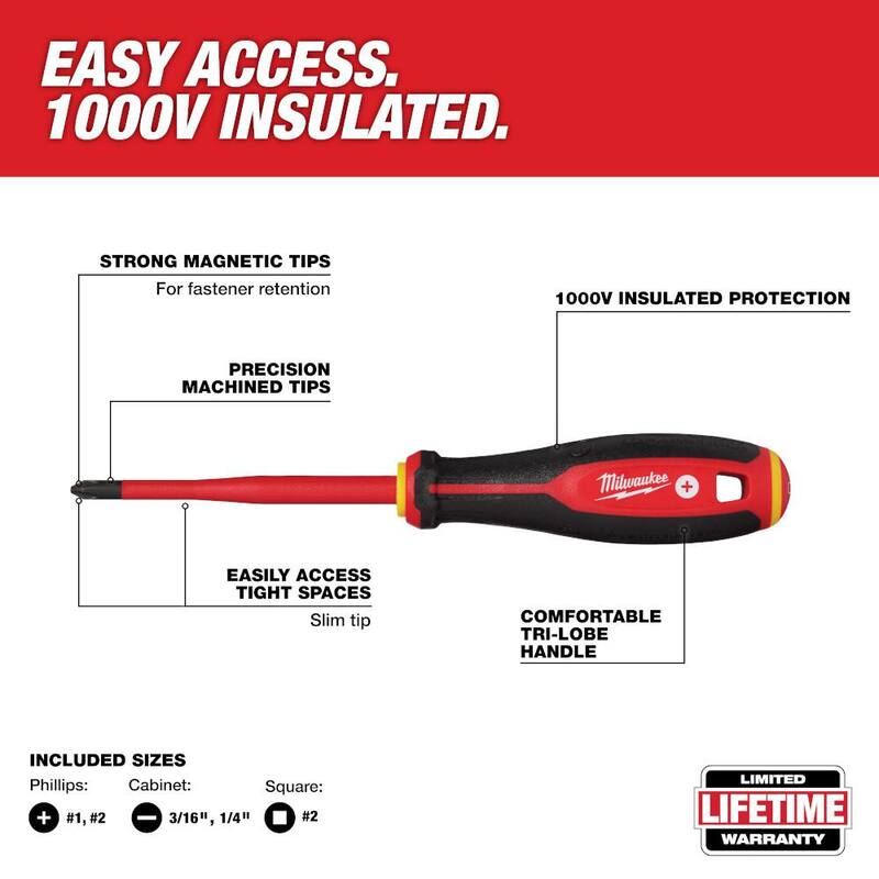 Juego de destornilladores con puntas delgadas aisladas de 1000 voltios de Milwaukee con pelacables y cortador de alambre con agarre sumergido de 12-16 AWG (7 piezas) - 48-22-2206-48-22-3081