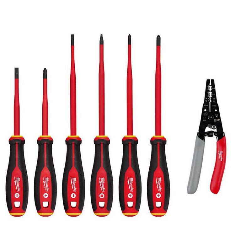 Juego de destornilladores con puntas delgadas aisladas de 1000 voltios de Milwaukee con pelacables y cortador de alambre con agarre sumergido de 12-16 AWG (7 piezas) - 48-22-2206-48-22-3081