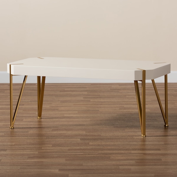 Baxton Studio Kassa Contemporary Glam and Luxe Brushed Gold Metal and White Finished Wood Coffee Table - 181-11312-ZORO
