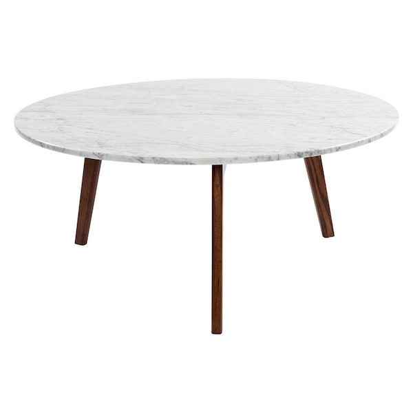 The Bianco Collection 31 in. Stella Round Italian Carrara White Marble Coffee Table with Walnut Legs - TBC-4060-PT1810-WHT