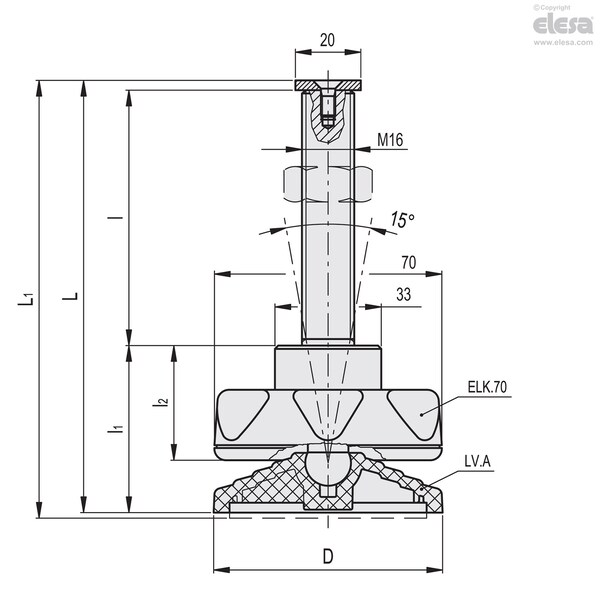 Elesa Levelling feet, LV.A-80-14-AS-M16x78-ELK - LV.A-ELK