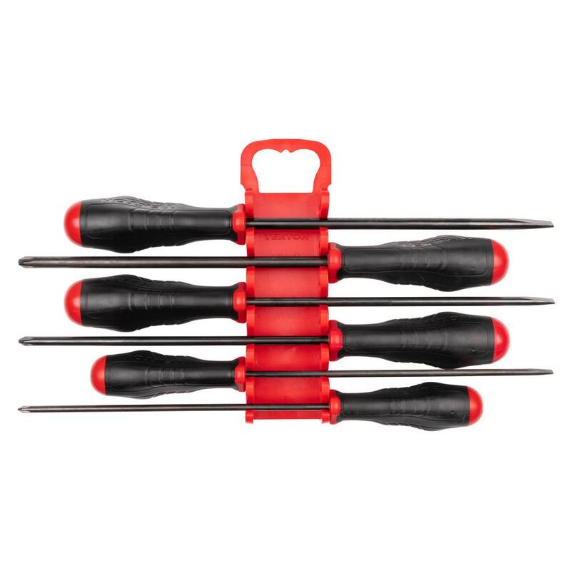 Juego de destornilladores de hoja larga de alto par con recubrimiento de óxido negro TEKTON con soporte, 6 piezas (#1-#3, 3/16-5/16 pulgadas) - DRV41506