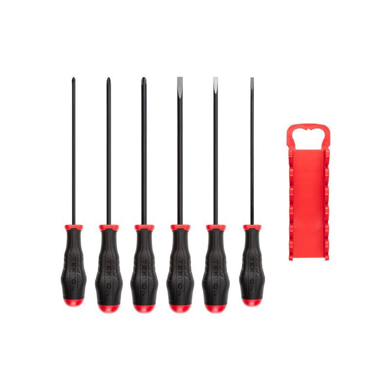 Juego de destornilladores de hoja larga de alto par con recubrimiento de óxido negro TEKTON con soporte, 6 piezas (#1-#3, 3/16-5/16 pulgadas) - DRV41506