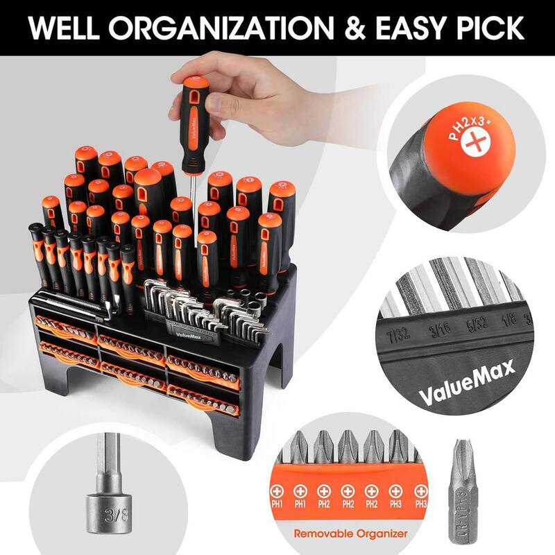 Set de desarmadores magnéticos Etokfoks con organizador de plástico con 126 piezas en color naranja - MLPH020LT408