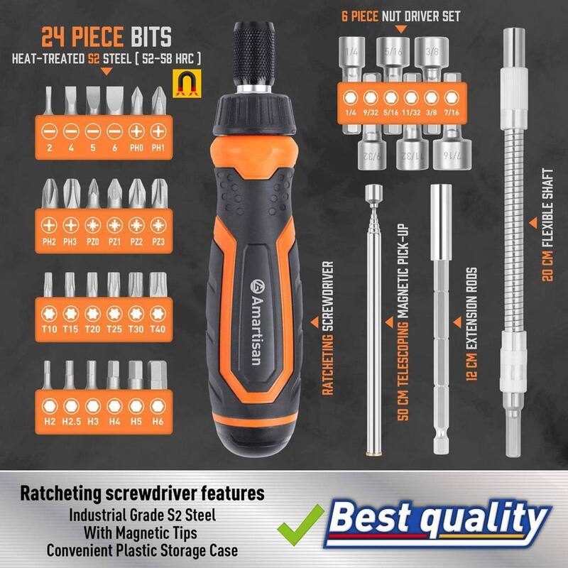 Juego de destornilladores de trinquete magnético Etokfoks con puntas Ranuradas - Phillips - Pozi - Torx - Hex en color naranja - MLPH020LT407
