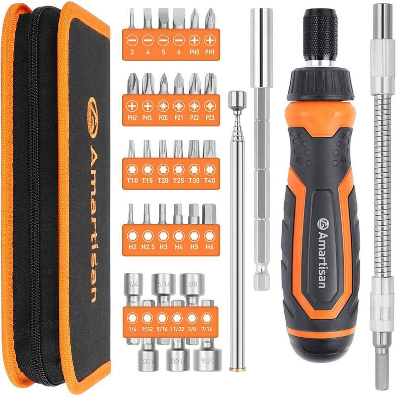 Juego de destornilladores de trinquete magnético Etokfoks con puntas Ranuradas - Phillips - Pozi - Torx - Hex en color naranja - MLPH020LT407