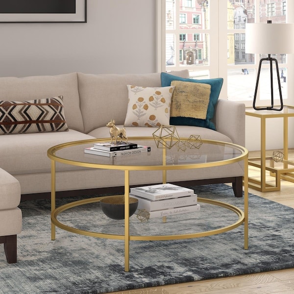 Henn & Hart Sivil Brass Finish Coffee Table with Glass Shelf - CT0200