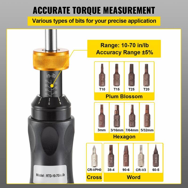 Juego de destornillador de torque VEVOR, Llave de torque destornillador de 1/4 pulgadas, Torque destornillador 10-70 in/lbs. - NJQZBDDWC10-7ZNKCV0-0806