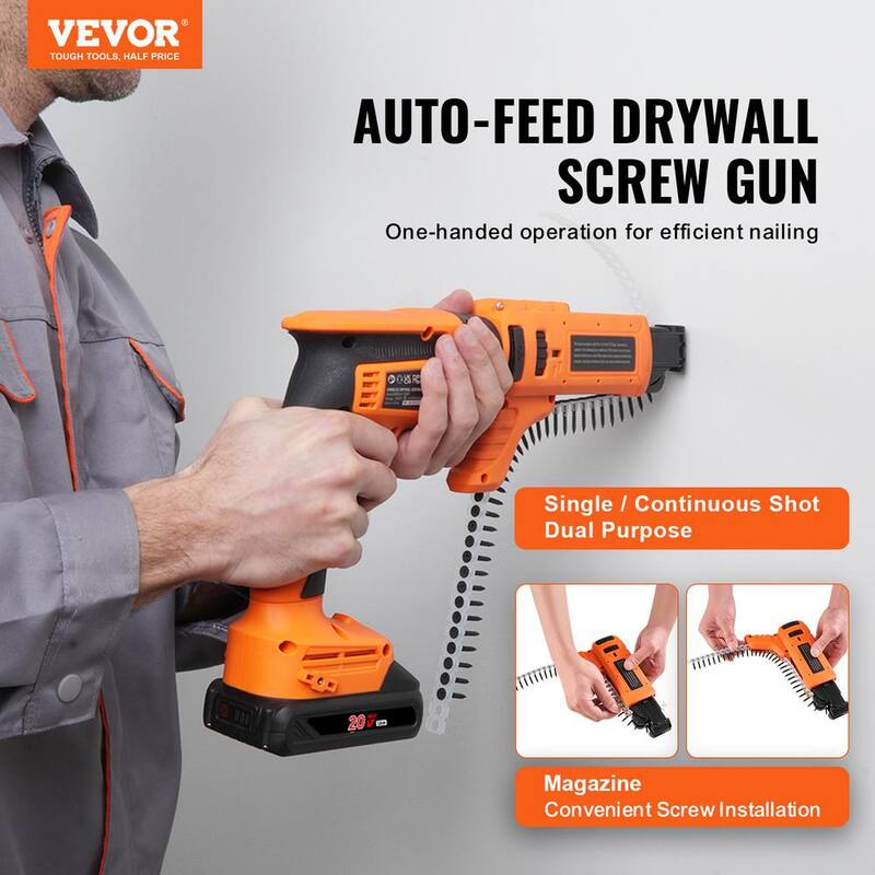 VEVOR Pistola de tornillo para tablaroca con autoalimentación, 20V Max Atornillador de tablaroca ensamblado, Set de destornillador, 4,200 RPM Kit de pistola para tablaroca inalámbrica - GQLSQWSLF000GSWBRV1-0731