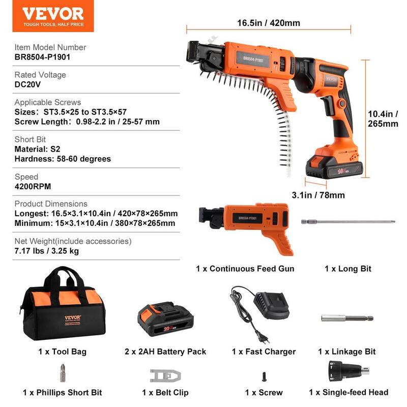 VEVOR Pistola de tornillo para tablaroca con autoalimentación, 20V Max Atornillador de tablaroca ensamblado, Set de destornillador, 4,200 RPM Kit de pistola para tablaroca inalámbrica - GQLSQWSLF000GSWBRV1-0731