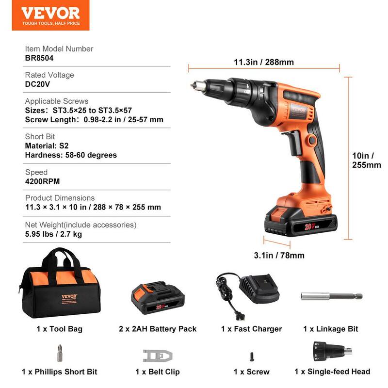 VEVOR Pistola para Tornillos de Tablaroca, Taladro para Tornillos de Tablaroca de 20V Max, Set de Destornilladores, Kit de Pistola para Tablaroca Inalámbrica de 4,200 RPM con 2 Paquetes de Baterías - GQLSQWSDF000AQV9VV1-0731