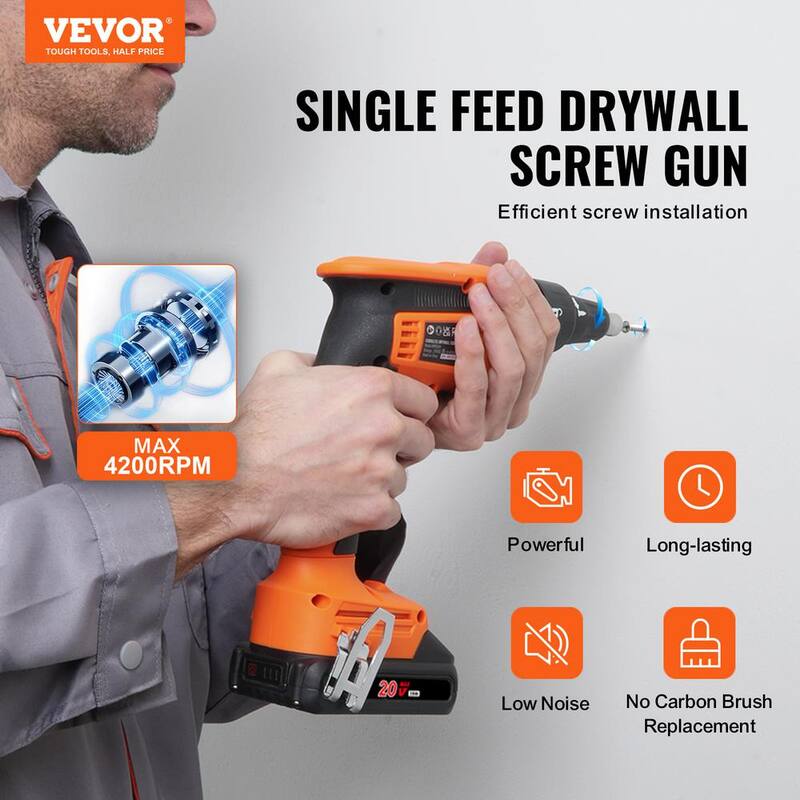 VEVOR Pistola para Tornillos de Tablaroca, Taladro para Tornillos de Tablaroca de 20V Max, Set de Destornilladores, Kit de Pistola para Tablaroca Inalámbrica de 4,200 RPM con 2 Paquetes de Baterías - GQLSQWSDF000AQV9VV1-0731