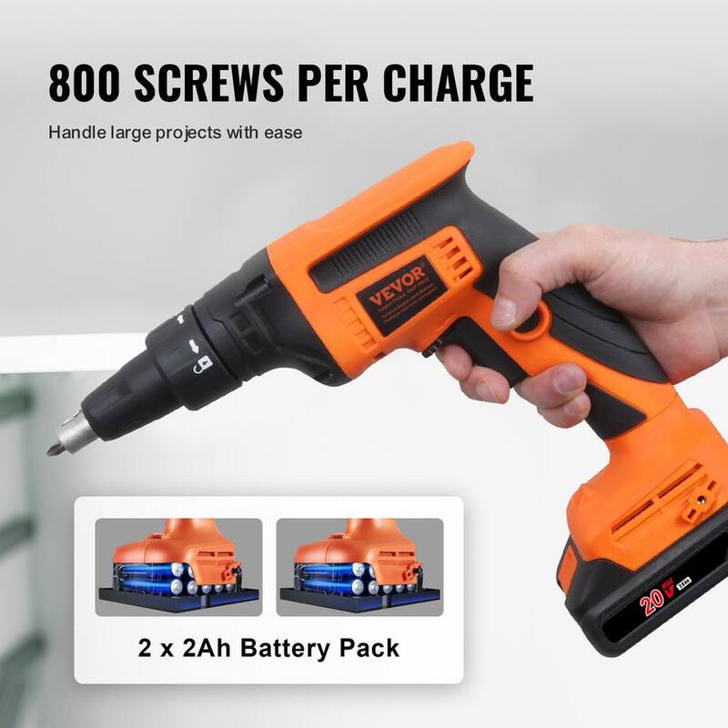 VEVOR Pistola para Tornillos de Tablaroca, Taladro para Tornillos de Tablaroca de 20V Max, Set de Destornilladores, Kit de Pistola para Tablaroca Inalámbrica de 4,200 RPM con 2 Paquetes de Baterías - GQLSQWSDF000AQV9VV1-0731