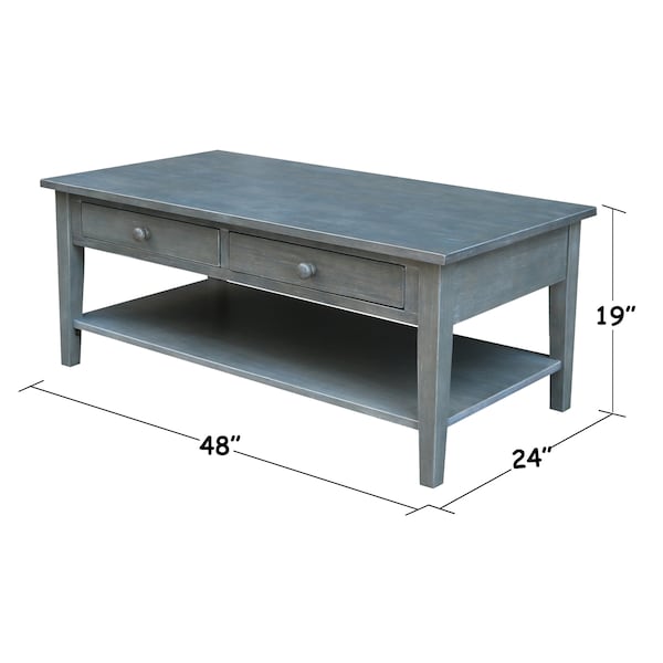 International Concepts Rectangle Spencer Coffee Table, 48 in W X 24 in L X 19 in H, Wood, Antique Washed Heather Gray - OT105-8C