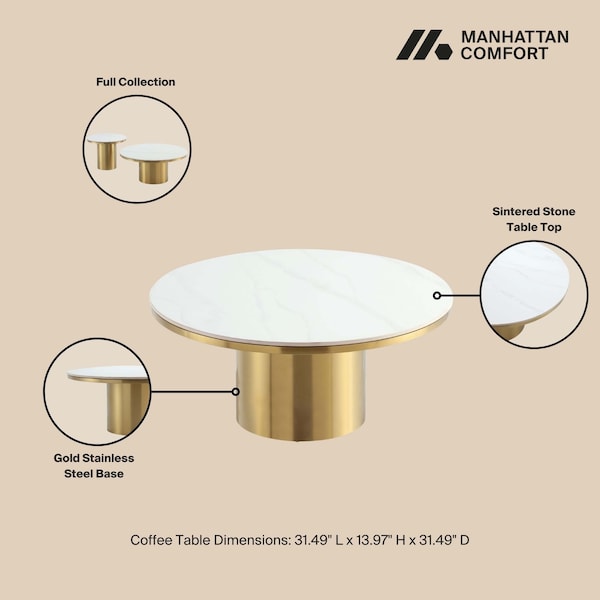 Manhattan Comfort Glenn Coffee Table and End Table Set of 2 in Gold - 2-CE1710