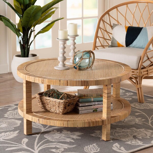 Bali & Pari Kalimantan Bohemian Light Honey Rattan and Mahogany Wood Coffee Table - 245-13734-ZORO